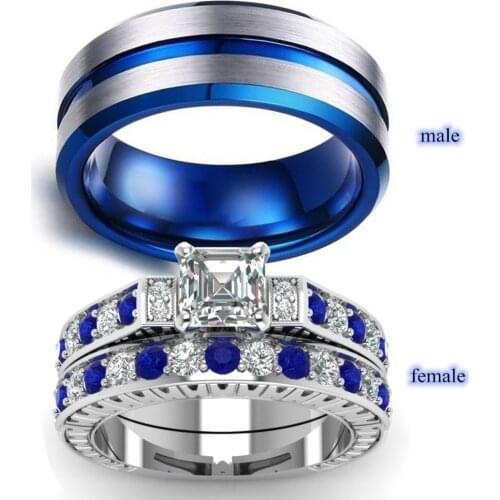 Stainless Steel Blue Striped Mens Ring and Zircon Female Rings Couples Ring Set - Engagement Wedding Jewelry