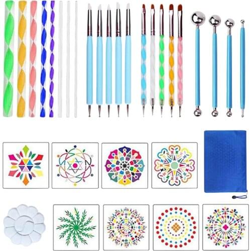 Mandala Dotting Tools Set, 32x Stencil Mandala Stencil Painting Tool Kits,Brushes,Paint Tray for Painting Rocks Coloring Drawing