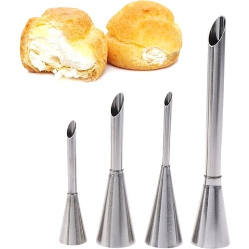Hot Sale 4Pcs Food Grade Stainless Steel Eclair Puff Nozzles Cupcake Filling Tube Pastry Syringe Cream Piping Tips Kitchen Tools
