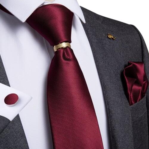New Designer Mens Necktie Red Solid Silk Wedding Tie For Men Hanky Cufflinks Ring Tie Set DiBanGu Fashion Business ZH02-296