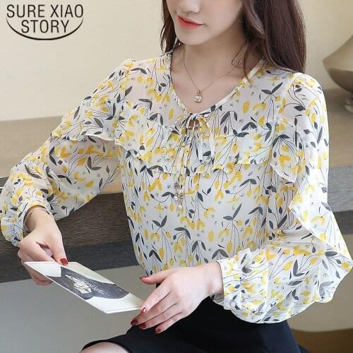 Autumn New Fashion Long Sleeves chiffon blouse Lotus Leaf Edge Round Collar Tied Bow Knot Print Women Blouse and Tops 5406 50