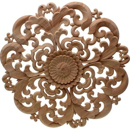 DIY Round European Woodcarving Decal Home Decorative Wood Appliques Carved Applique Window Door Decor Wooden Figurines Crafts