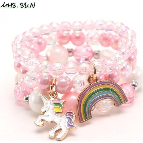 MHS.SUN Cute Unicorn/Rainbow Charms Beads Bracelets Bangles Elastic Jewelry Baby Girls Child Beaded Bracelets Pink/White Color