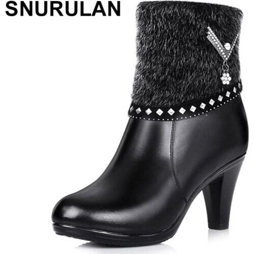 SNURULAN Stylish Elegant Warm Wool Winter Boots Women Boots Bestselling New Genuine Leather Shoes Woman High Heels shoes E529