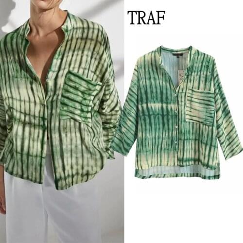 TRAF Za Top Women Blouses 2021 Summer Fashion Green Print Long Sleeve Top Woman Clothing Loose Pocket Women Shirts Top Female