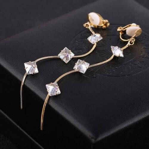 Grace Jun Top Quality Gold Color Square AAA CZ Long Clip on Earrings Without Piercing for Women Party Charm Ear Clip HOT SALE
