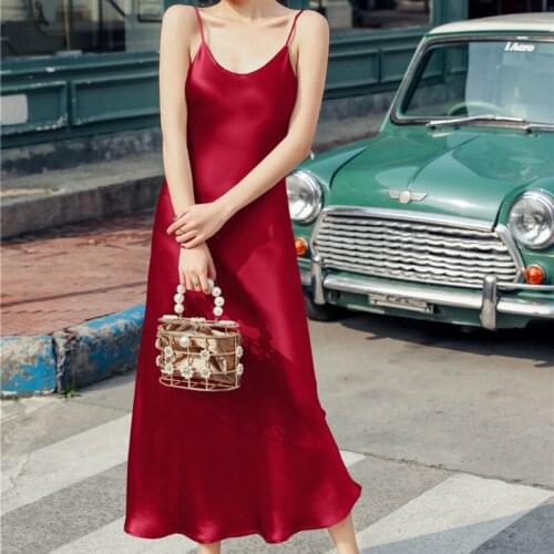 2020 Brand New Women Sexy Satin Dress Elegant Spaghetti Strap Acetate Long Dress Solid Color Silky Dress Vestido De Mujer