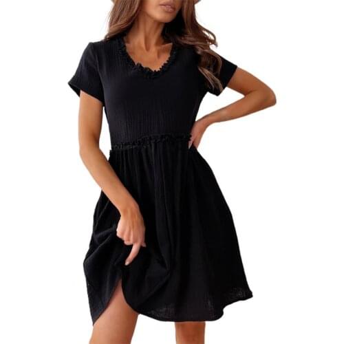 Women Dress V Neck Short Sleeve Pleated Large Hem Knee-length A-line Dress Streetwear Summer Sexy Casual Office Dresses Vestidos