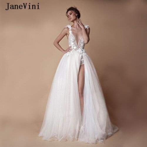JaneVini 2020 Boho Long Wedding Dresses Deep V Neck Lace Flowers Sexy High Split Tulle Mariag Princess Bridal Gowns Sweep Train
