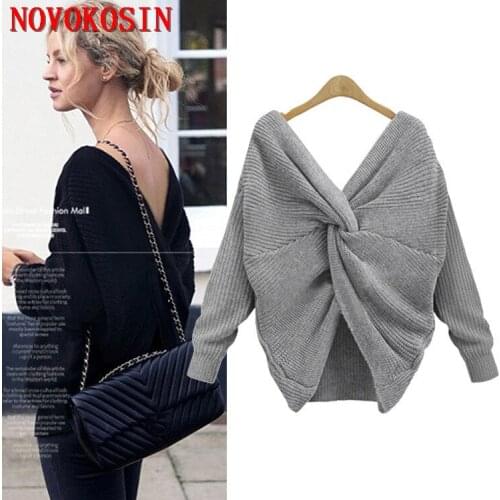 2021 Women Batwing Sleeves Loose Poncho Autumn Knitted Deep V Neck Backless Sweater Off Shoulder Tie Knot Outstreet Wear Coat