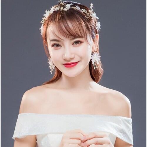 5pcs Gold Headbands Pearl Crystal Wedding Hairband Women Hair Accessories For Bridal Handmade Flower Hairpins Earrings Set Gift