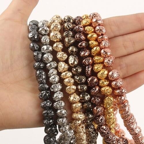 6-8mm Rhodium Gold Plated Lava Stone Bead Natural Irregular Volcanic Loose Beads for Jewerly Making DIY Bracelets 15inch