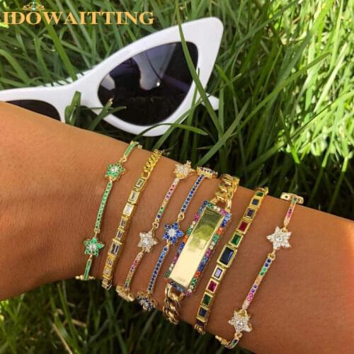 Rainbow CZ Bar Star Link Chain Bracelet 16+5cm Adjusted Bracelet 2021 Hot Fashion Colorful CZ Elegance Classic Jewelry For Women