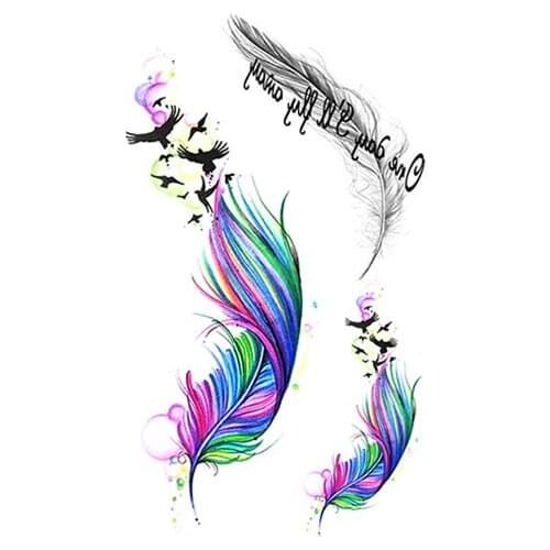 Colorful Feather Swallow Temporary Tattoos for Women Men English Alphabet Sketch Tattoo Sticker Fake Tatoos Flash Body Art Chest