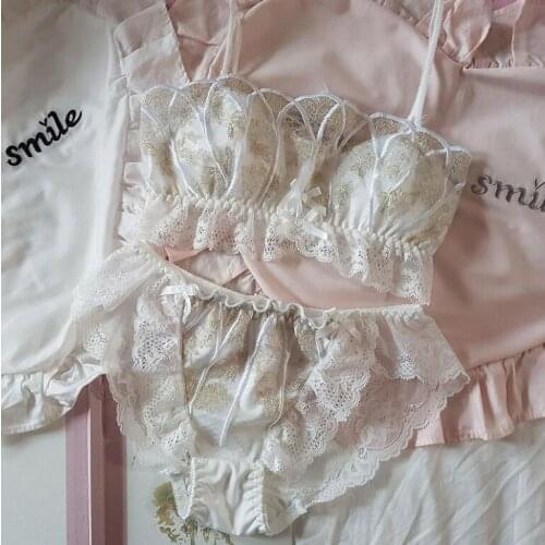 Japanese Girl Cute Chiffon Lace Underwear Bra Suit Princess hot gold bright silver silk luxurious Mermaid shell no steel ring