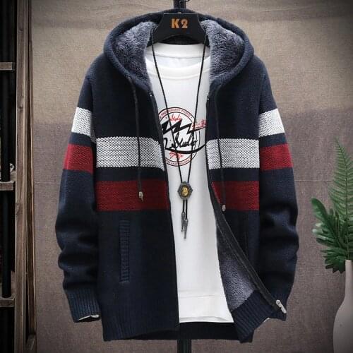 New Autumn Winter Thick Sweatercoat Men Casual Cardigan Stripe Hooded Mens Sweaters Wool Liner Windbreaker Pull Homme Size M-3XL