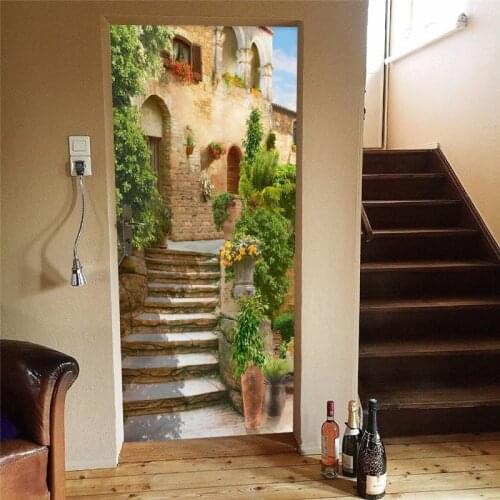 Door Sticker 3D Pastoral Landscape Wallpaper Living Room Dining Room Home Decoration Door Decals PVC Waterproof 3D Wall Stickers