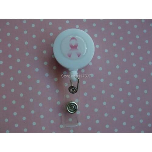 PINK AWARENESS RIBBON WHITE BADGE/KEY REEL ID HOLDER 10pcs/lot