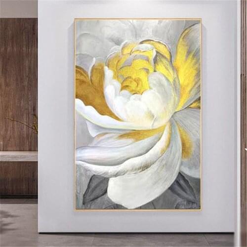 Modern home decoration wall art hand-painted oil painting flower white lotus golden canvas painting living room corridor mural
