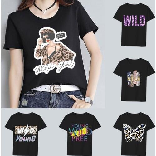 Womens Summer Fashion T-shirt Black Cartoon Letter Leopard Print Series Harajuku Casual Round Neck Comfortable Ladies Top