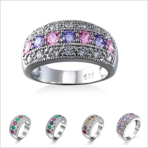Womens Fashion Bohemia Colorful Rings Dazzling Multi-color Crystal Cubic Zircon Inlay Ring Band Engagement Wedding Ring Gifts