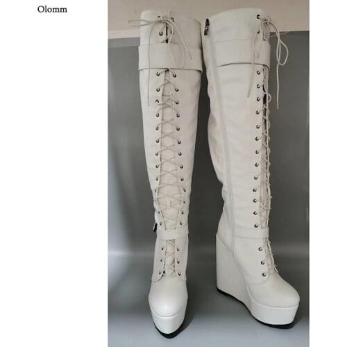 Olomm Hot Handmade Women Platform Knee High Boots Wedges High Heels Round Toe Elegant White Casual Shoes Women Plus US Size 5-20
