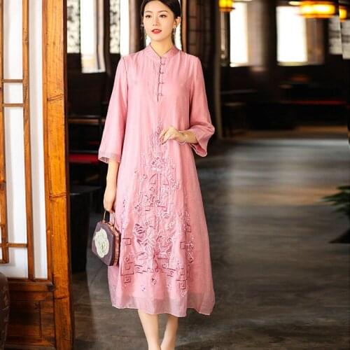 Early spring new womens dress Chinese style loose Chinese style embroidery improved cheongsam Hanfu one piece dress 99537