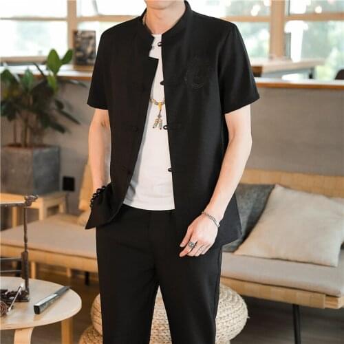 2021 Mens Clothing Large SizeTracksuit Dragon Embroidrey Summer Suit Linen t-shirt +Pants Male Set Chinese Style Two Piece Sets