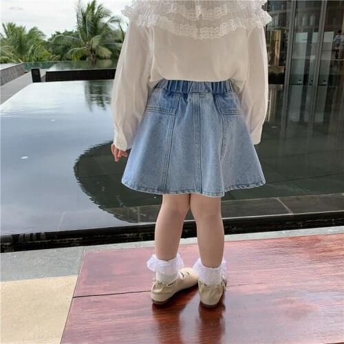 2021 Spring New Korean Denim Skirt Ins Fashion Baby Girl Ruffled Denim Skirt College Style Toddler Girl Casual Solid Skirt 2-7Y