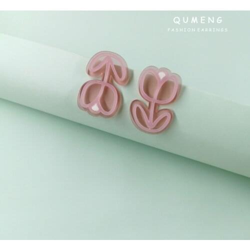 2021 New Sweet Temperament Pink Tulip Flowers Acrylic Stud Earrings Romantic Lovely Girl Holiday Simple Jewelry Birthday Gift