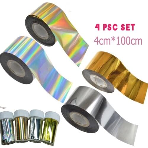 4pc X 100cm SET TRANSFER FOIL NAILS STICKERS GOLD SILVER Holographic Decals 4Sheets Leopard Nail Art Transfer Foil Nail Sticker