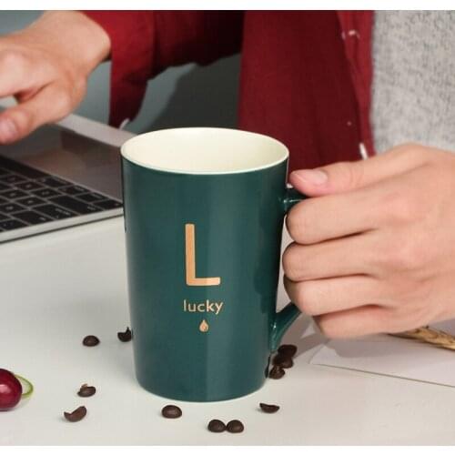 420ML Creative Letter Ceramic Mug With Spoon Cup Personality Trend Couple Milk Coffee Tea Cup Household Water Mug