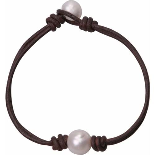 Ambrum 2 Wraps Genuine Leather Bracelet White Freshwater Pearls Bangle Jewelry for Girls Christmas Gift