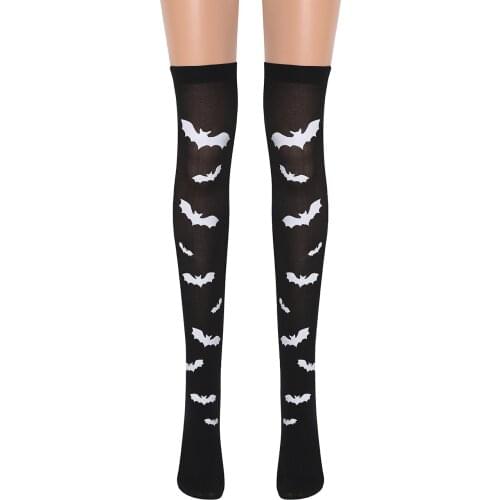 Black Goth Cool Tube Knee Props Nylon Elastic Long Lolita Socks Cosplay Streetwear Women Gothic Bat Print Thin Stockings 2021
