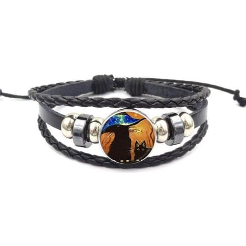 EJ Glaze Fashion Glass High Quality Girls Black Leather Bracelet Bangles Jewelry For Women Children Black Cat Magic