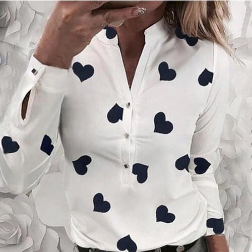 Elegant Womens Heart Print Blouse 2020 Autumn Casual Long Sleeve V Neck Tops Shirts Ladies Fashion Buttons Flower Blouses