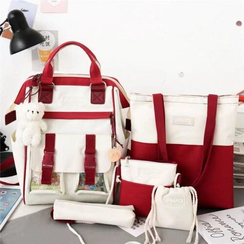 Preppy Style 4Pcs/Set Canvas Women Backpacks School Bags for Teenage Girls Lovely Bookbags 2021 Students Travel Laptop Backpack