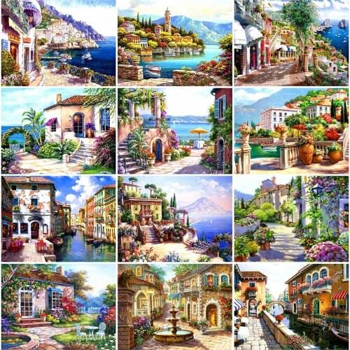 HUACAN Full Square Drill Diamond Painting 5D Town Landscape Diamond Embroidery Villa By The Sea Cross Stitch Room Decor