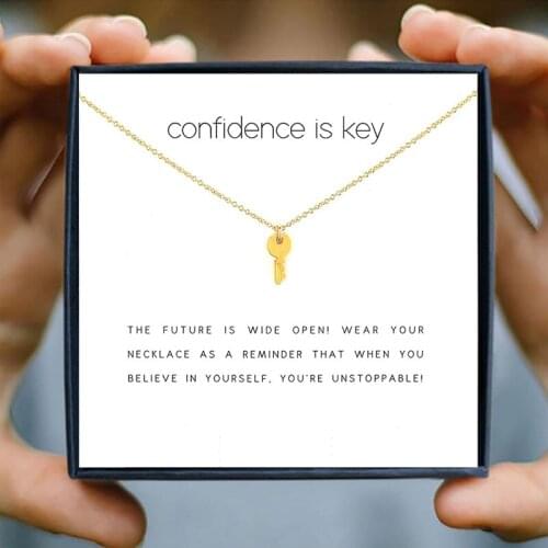 Icareu Solid Key Pendant Necklace With White Wish Card Love Jewelry In Gift Box Confidence Gold Alloy Clavicle Short Chain New