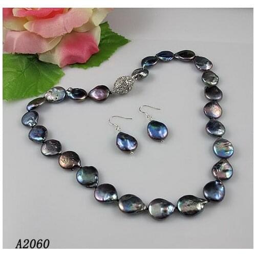 Classic Coin Pearl Necklace Earrings Fine Jewelry Set Black Color Handmade Coin Freshwater Pearl Choker Necklace Charming Women