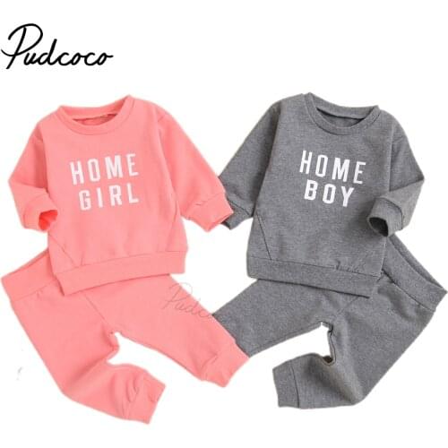 Children Baby Girls Boys Casual Two-piece Clothes Set, Letters Printed Pattern Round Collar Pullover and Pants, Grey/ Pink
