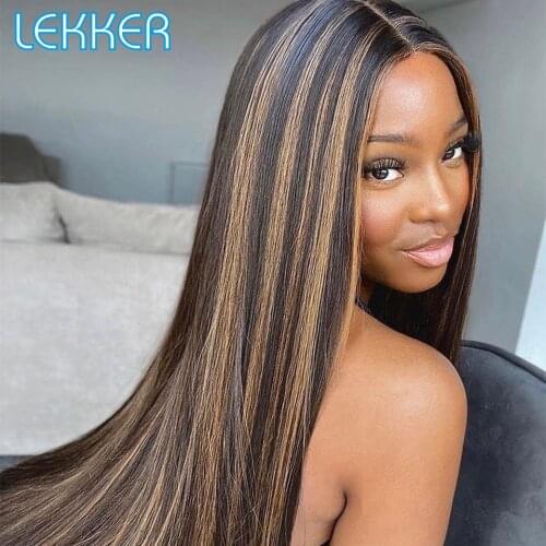 Lekker Straight 4x4 Highlight Lace Closure Top Scalp Human Hair Wig For Women Dark Brown Pre Plucked Brazilian Remy Glueless Wig