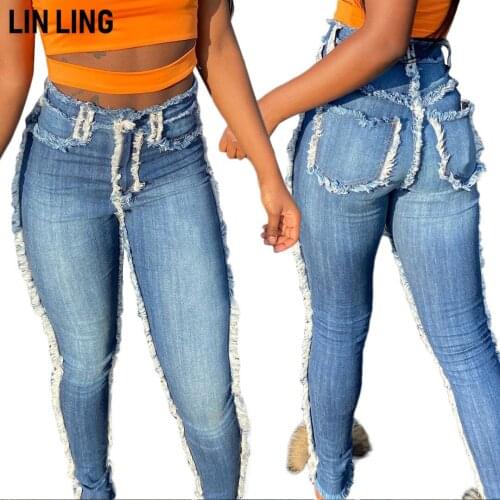 LINLING Summer Blue Jeans for Women Versatile High Waist Raised Buttock Brushed Pocket Single Button Tight Pencil Pants