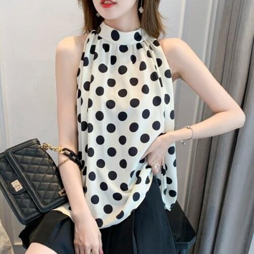 LJSXLS Summer Halter Collar Chiffon Women Shirts Fashion Print Polka Dot Sleeveless Top Femme Korean Loose Womens Clothing 2021