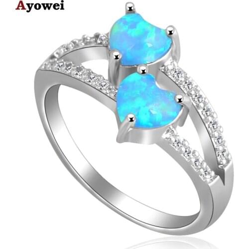 Best gift for lover Two hearts design Blue fire Opal Silver Stamped zircon fashion jewelry Rings USA Sz #6#7#7.5#8#8.5#9 OR706A