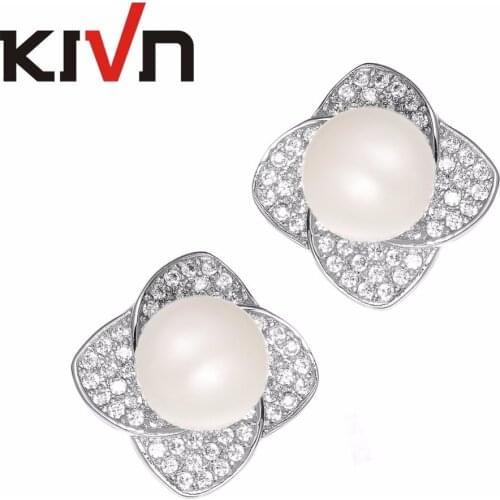 KIVN fashion Jewelry Flower Stud CZ cubic Zirconia Simulated Pearl Earrings Wedding Bridal Earrings for Women