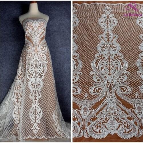 La Belleza new off white beaded lace fabric large pattern bridals lace fabric 1 yard