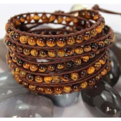 New Arrival Unique Gemstone Bracelet Genuine Black Leather With Tiger Eye Stone Warp Bracelet 34 inches Handmade Fine Jewelry