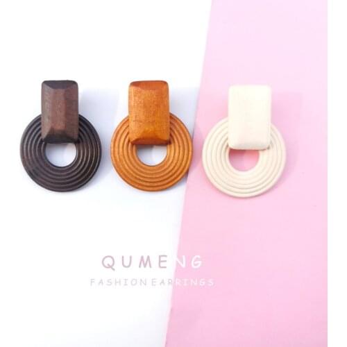 QUMENG 2020 New Vintage Wood Stud Earrings For Women Brincos Geometric folk-custom Earrings Femme Fashion exaggeration Jewelry