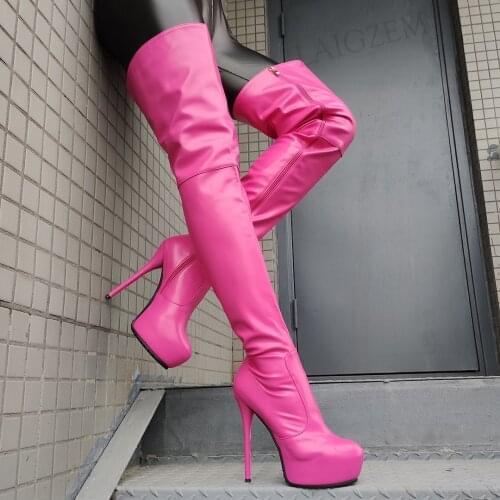 LAIGZEM Women Crotch Platfrom Boots Faux Leather Full Zip Boots High Heels Chaussure Sexy Shoes Woman Female Size 41 44 46 52